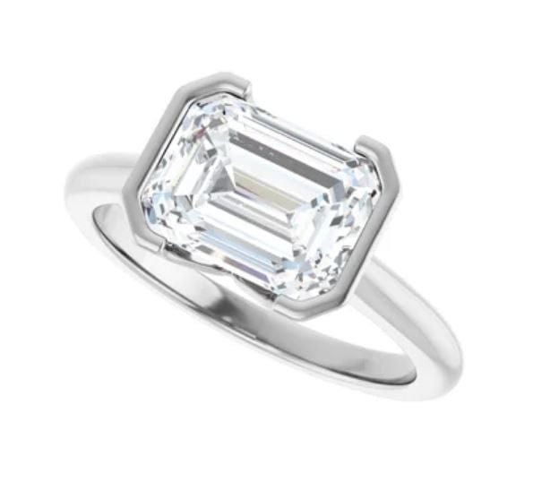 Sideways Emerald Cut Moissanite Ring Half Bezel HannahSolitaire Engagement Ring 9x7mm Forever One / 14k White Gold Ring by Nodeform