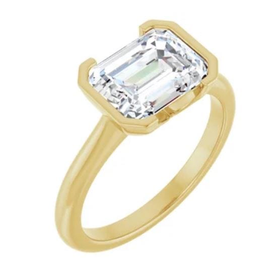 Sideways Emerald Cut Moissanite Ring Half Bezel HannahSolitaire Engagement Ring 9x7mm Forever One / 14k Yellow Gold Ring by Nodeform