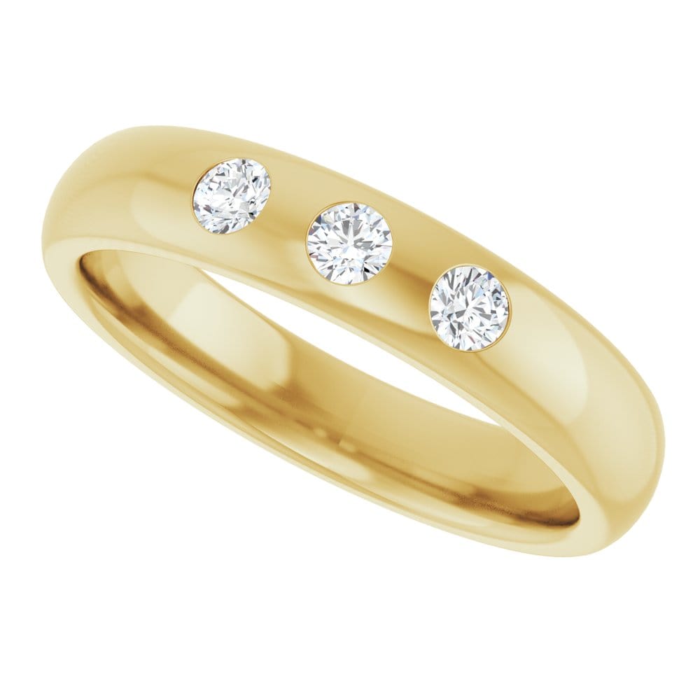 Dana Ring - 4mm wide 3 Diamond, Moissanite or Sapphire Flush Set Domed Wedding Band Lab Grown Diamonds (G-H/SI1-SI2) / 14k Yellow Gold Ring by Nodeform