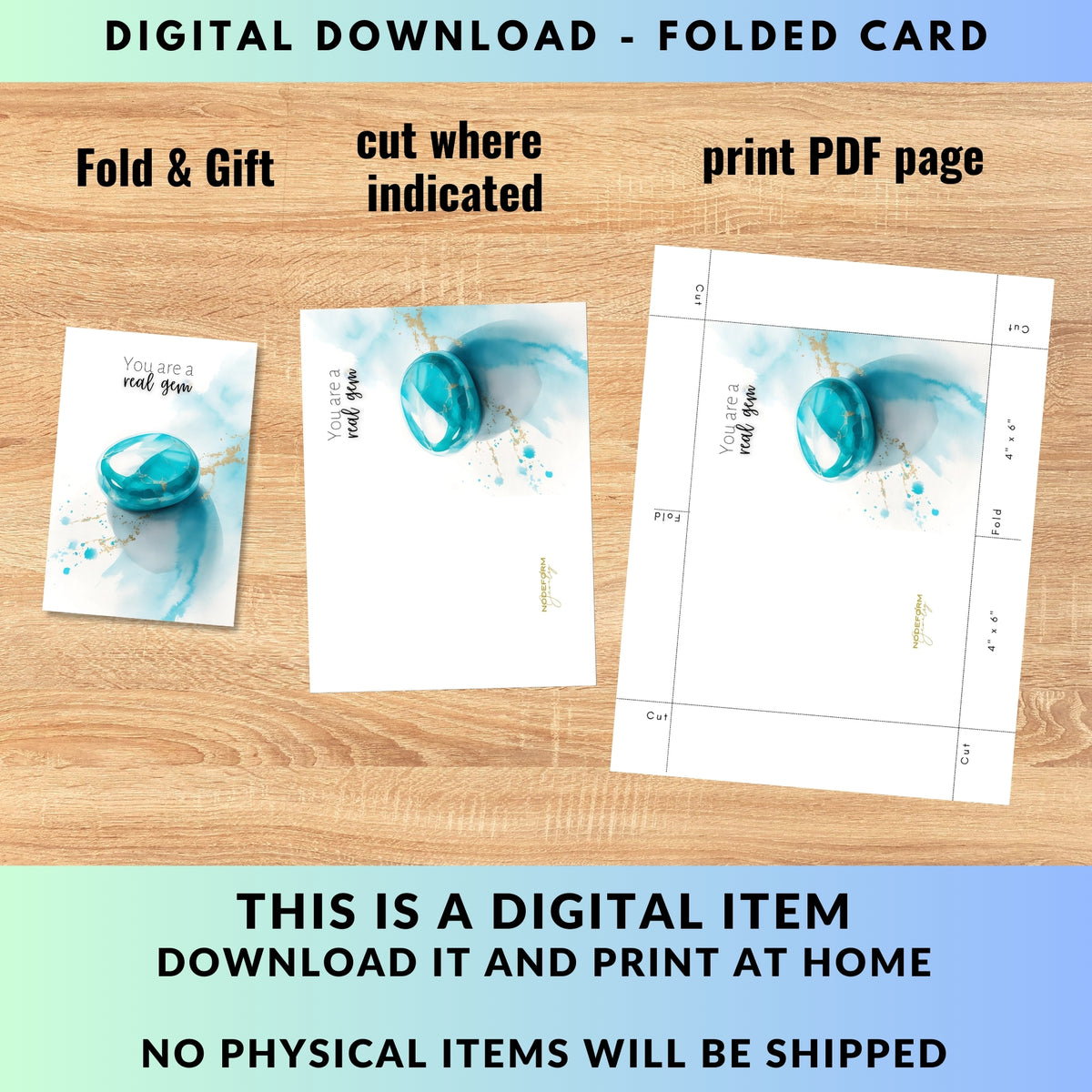 digital You are a real Gem | Watercolor Turquoise Birthstone Birthday or Anniversary Folded Greeting thank You Card