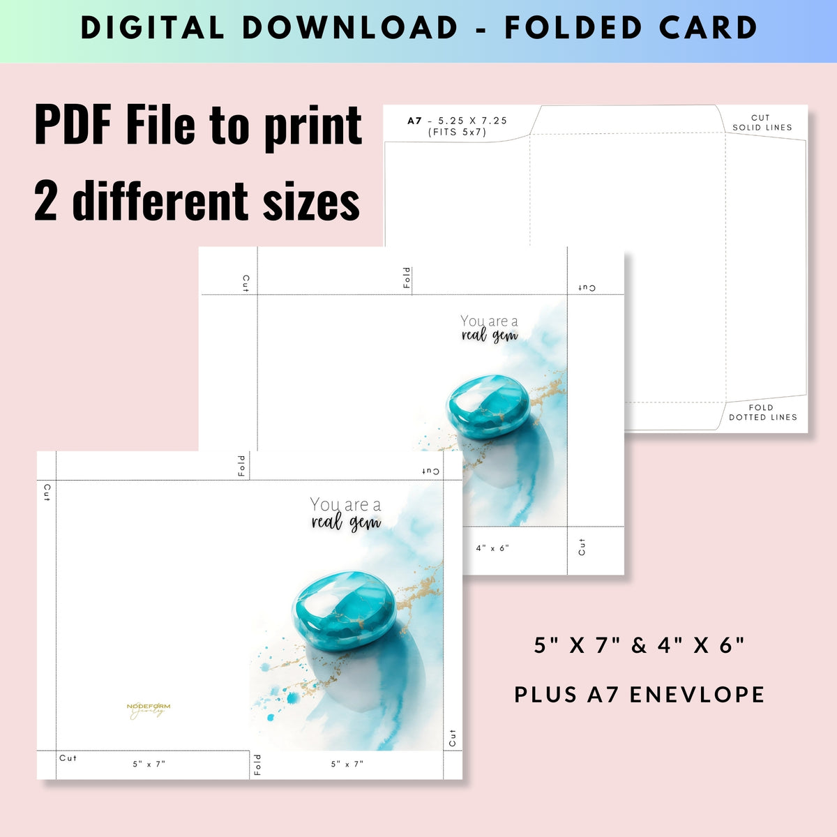 digital You are a real Gem | Watercolor Turquoise Birthstone Birthday or Anniversary Folded Greeting thank You Card