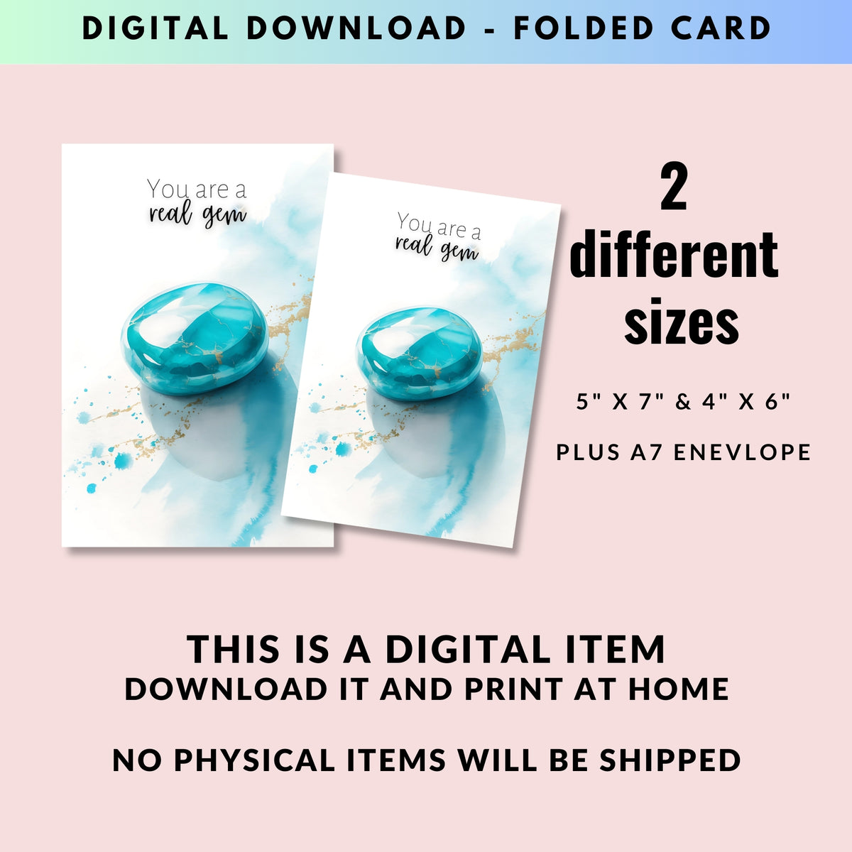 Digital You are a real Gem | Watercolor Turquoise Birthstone Birthday or Anniversary Folded Greeting thank You Card