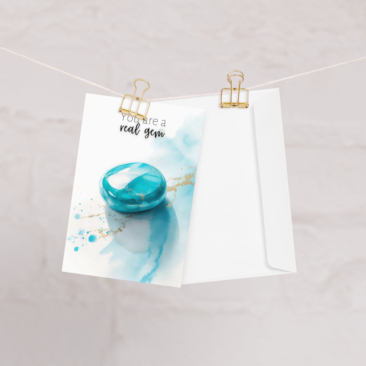 You are a real Gem | Watercolor Turquoise Birthstone Birthday or Anniversary Folded Greeting thank You Card with envelope