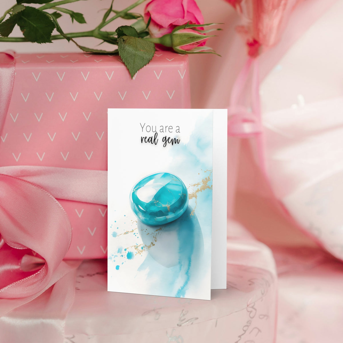 You are a real Gem | Watercolor Turquoise Birthstone Birthday or Anniversary Folded Greeting thank You Card