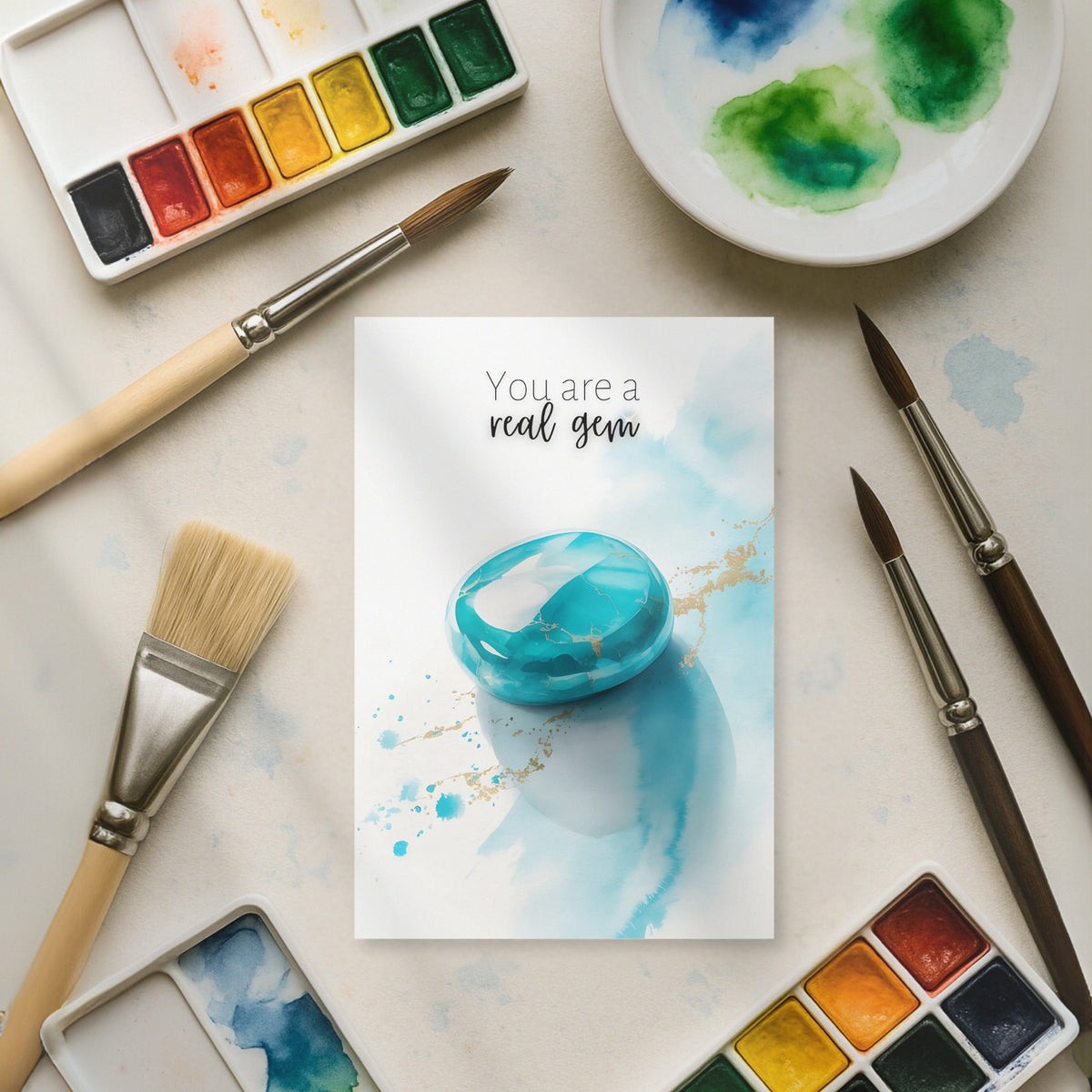 You are a real Gem | Watercolor Turquoise Birthstone Birthday or Anniversary Folded Greeting thank You Card