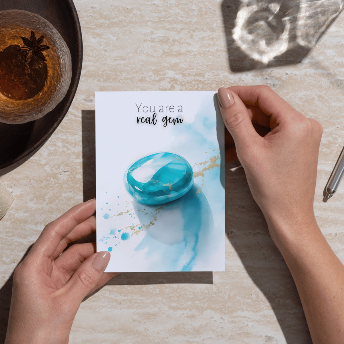 You are a real Gem | Watercolor Turquoise Birthstone Birthday or Anniversary Folded Greeting thank You Card