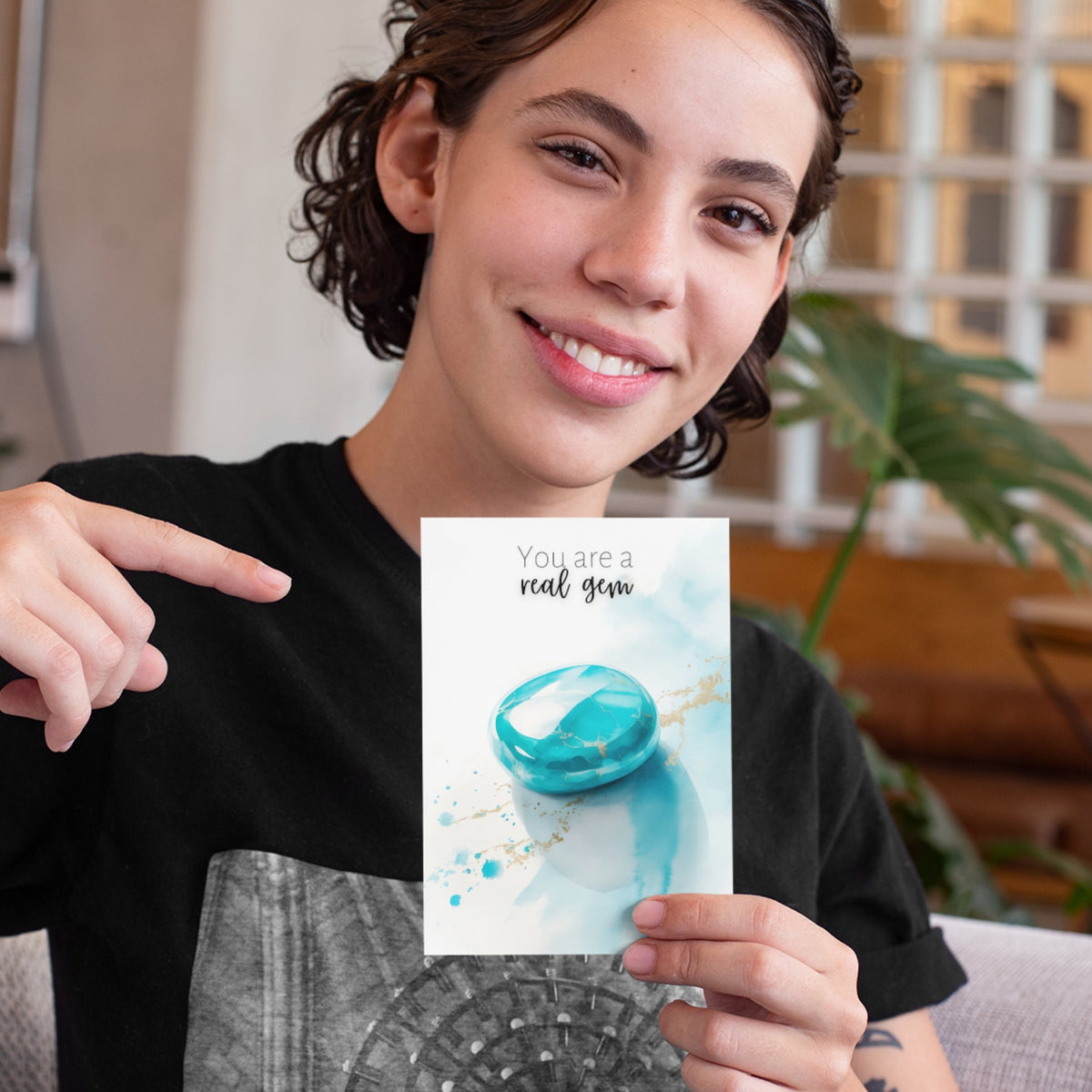 woman pointing to You are a real Gem | Watercolor Turquoise Birthstone Birthday or Anniversary Folded Greeting thank You Card