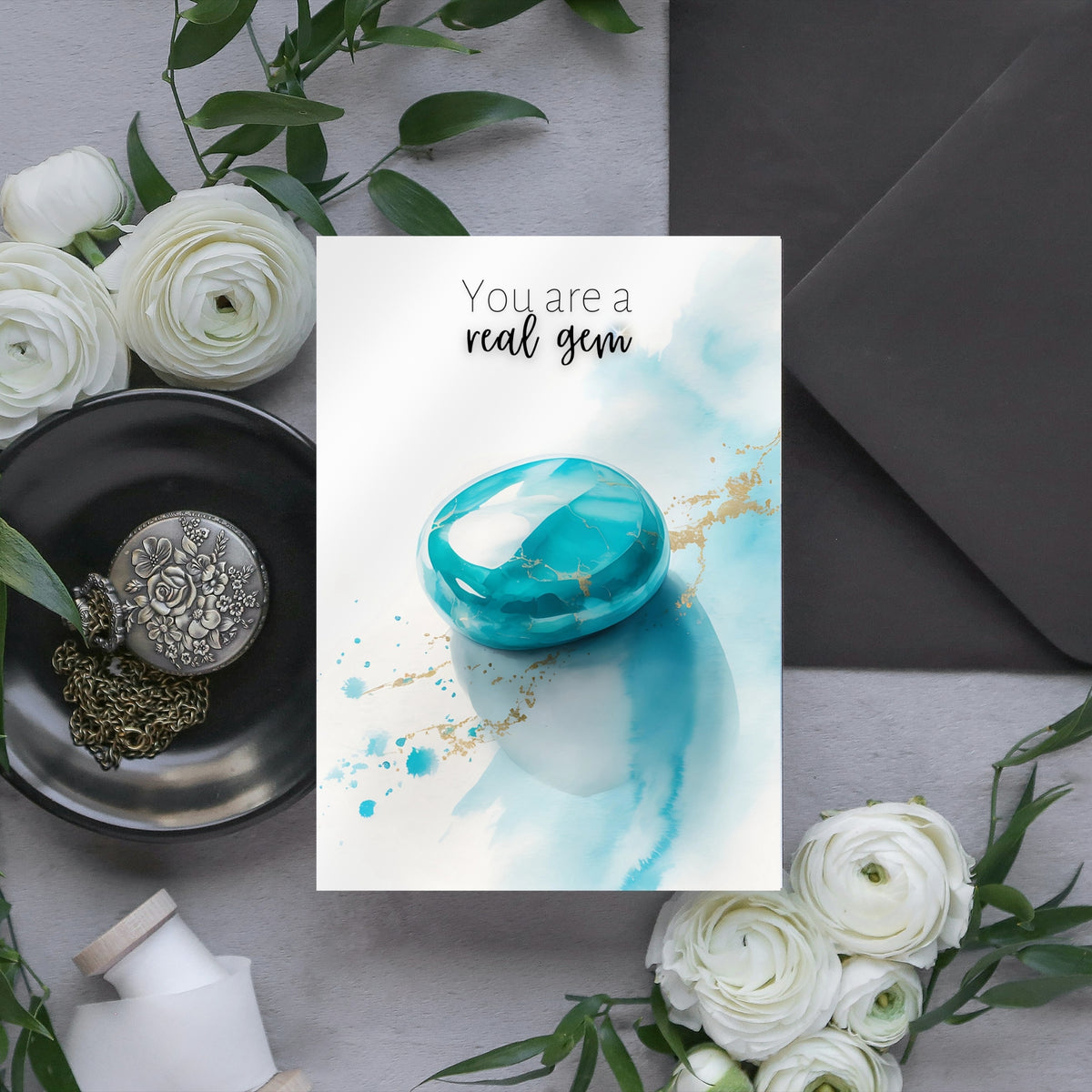 You are a real Gem | Watercolor Turquoise Birthstone Birthday or Anniversary Folded Greeting thank You Card