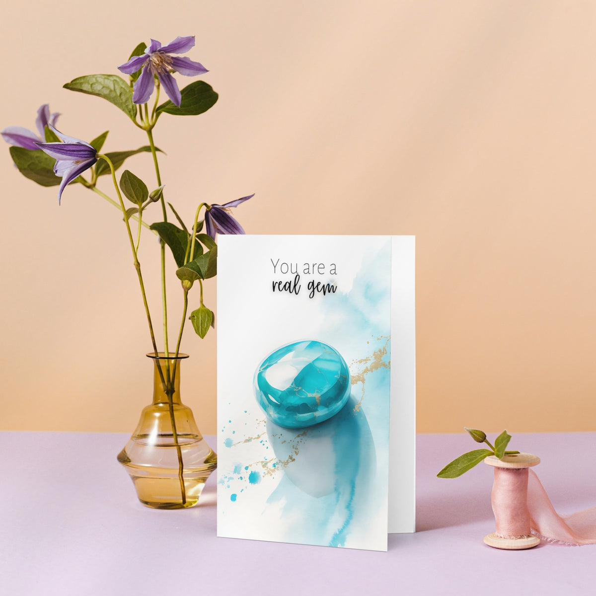 You are a real Gem | Watercolor Turquoise Birthstone Birthday or Anniversary Folded Greeting thank You Card