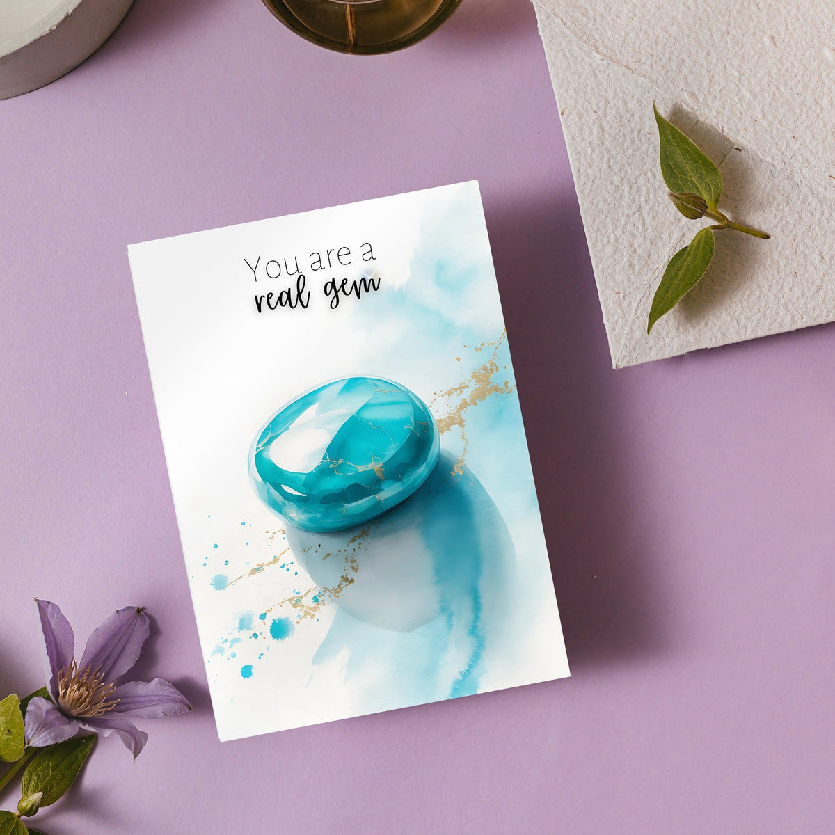 You are a real Gem | Watercolor Turquoise Birthstone Birthday or Anniversary Folded Greeting thank You Card