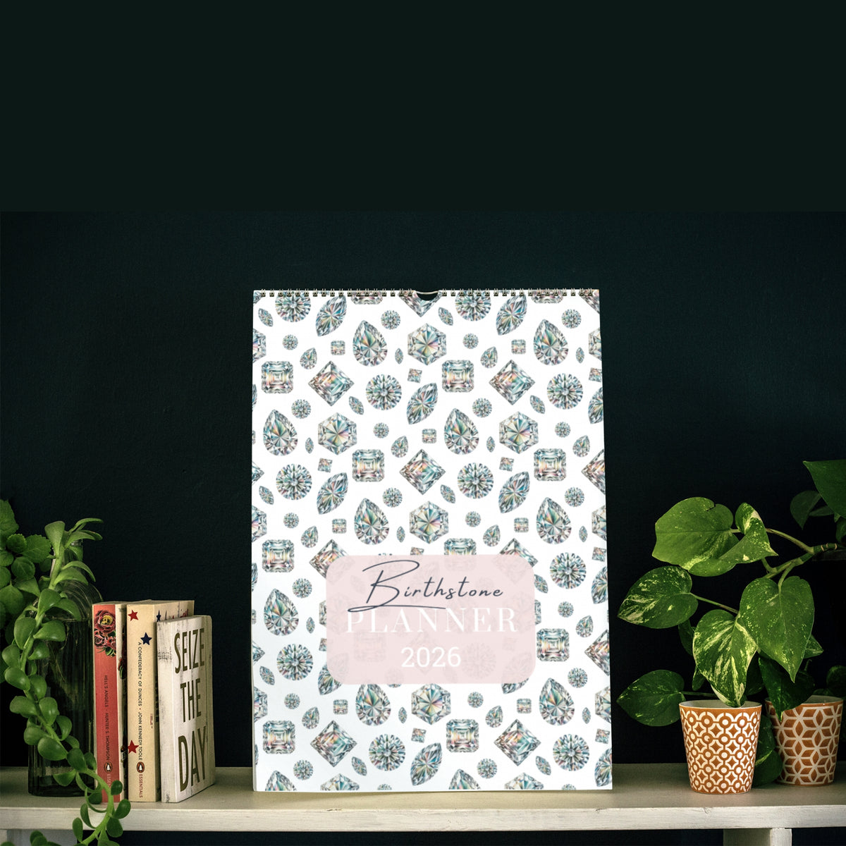 2026 Birthstone Planner with decorative cover on a shelf with plants and books.