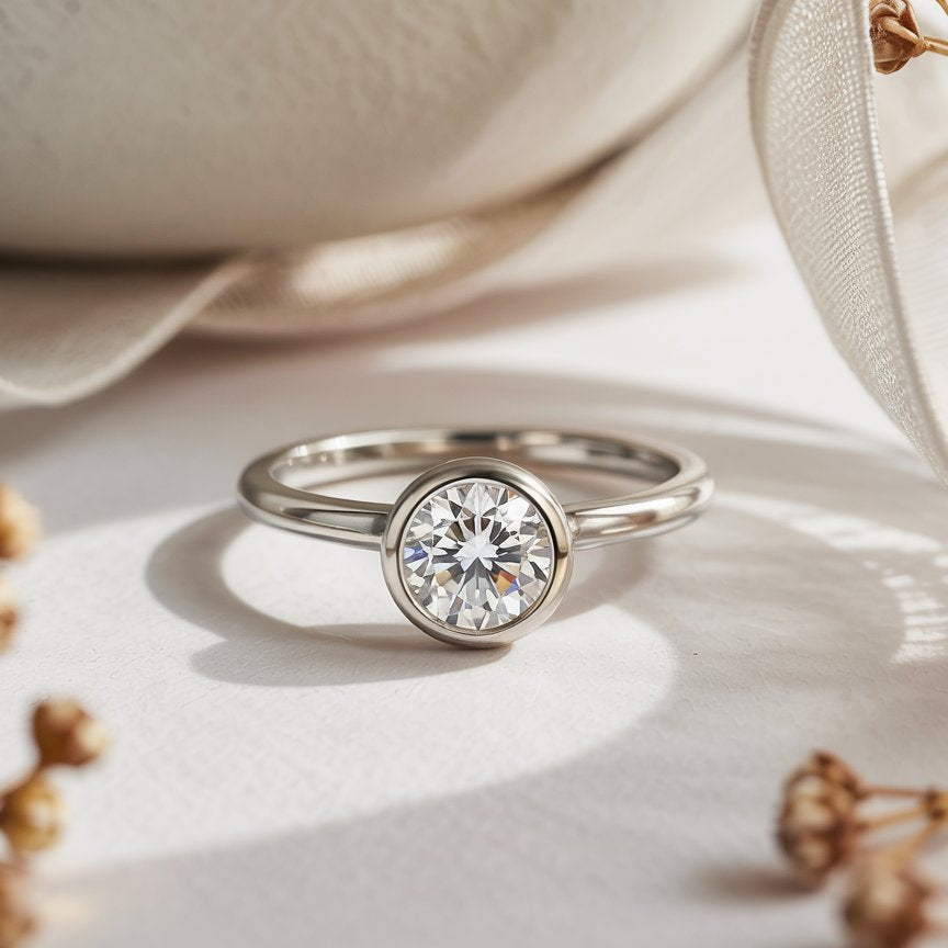 a photo of a minimalist bezel round diamond Emma engagement ring