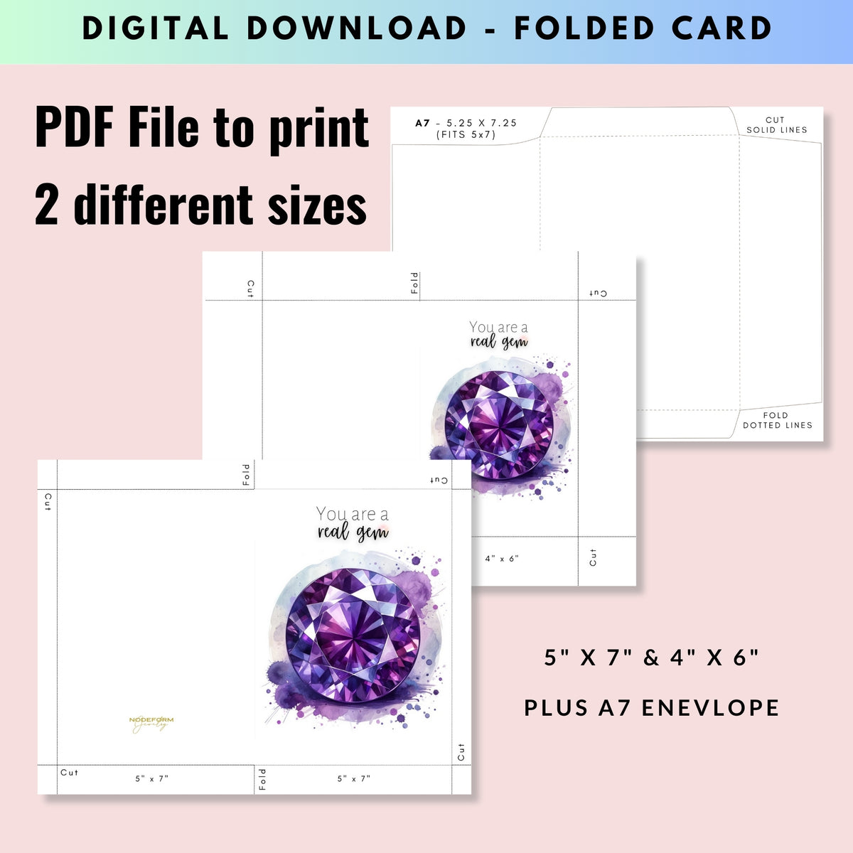 You are a real Gem | Watercolor Round Amethyst Folded Birthday Card