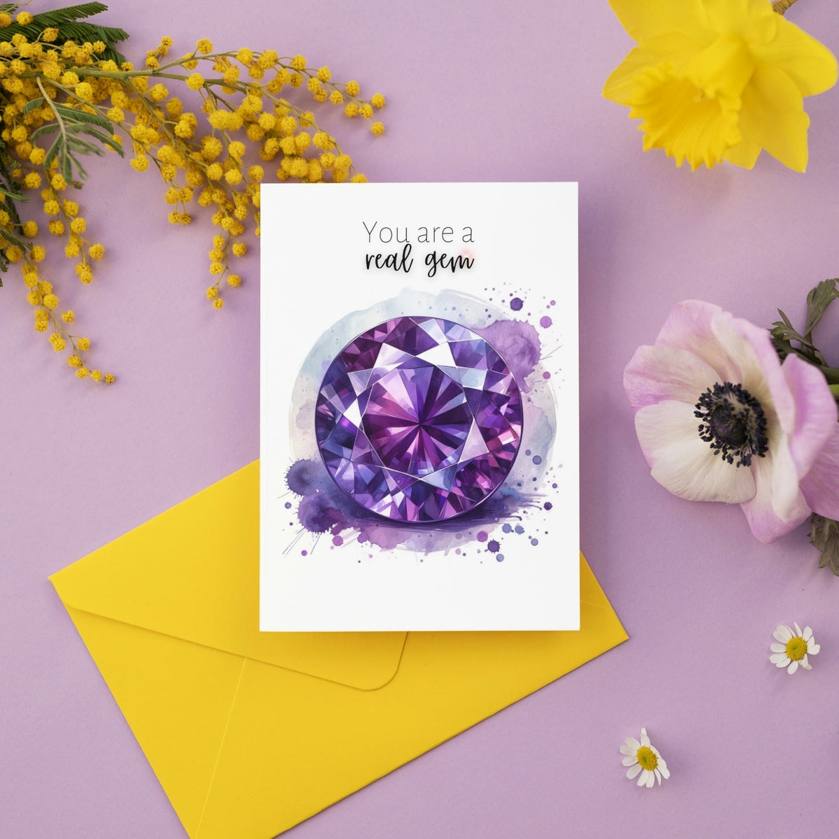 You are a real Gem | Watercolor Round Amethyst Folded Birthday Card