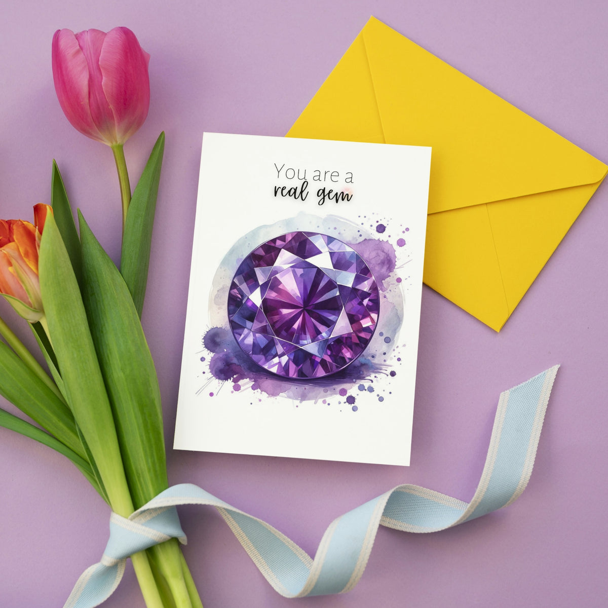 You are a real Gem | Watercolor Round Amethyst Folded Birthday Card