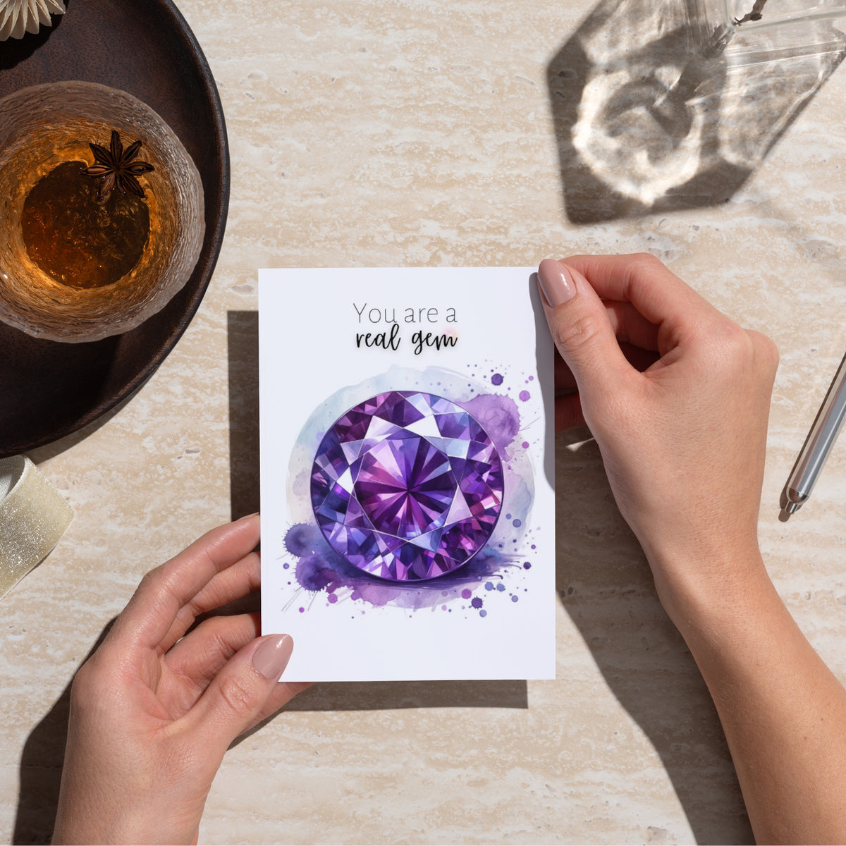 You are a real Gem | Watercolor Round Amethyst Folded Birthday Card