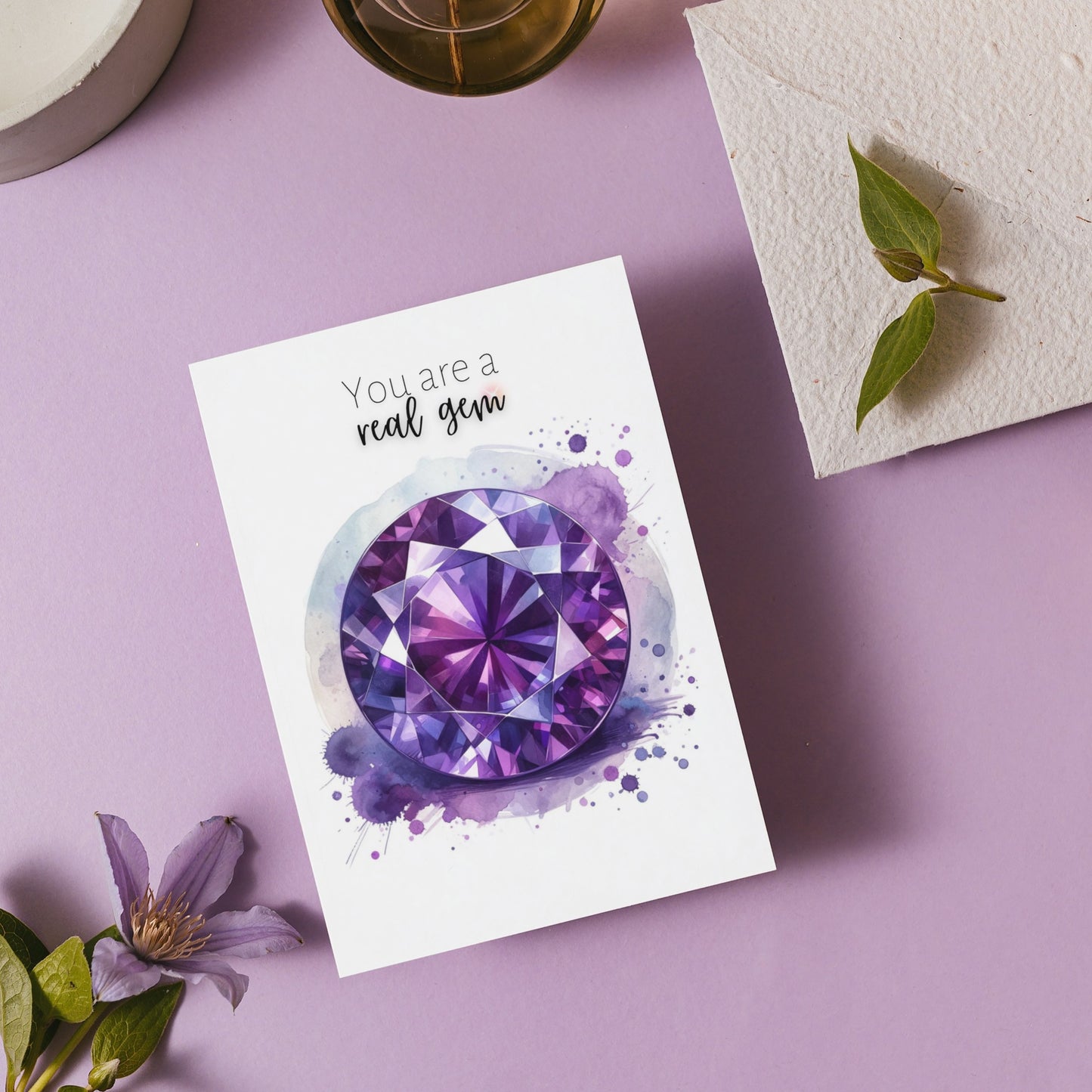 You are a real Gem | Watercolor Round Amethyst Folded Birthday Card