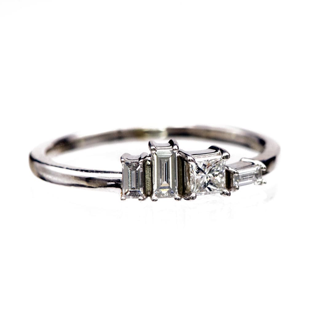Georgia Ring - Geometric Cluster Baguette & Princess Cut Diamond, Ruby, Alexandrite or Sapphire Stacking Ring All White Diamonds SI2-3, GHI / 14k White Gold Ring by Nodeform
