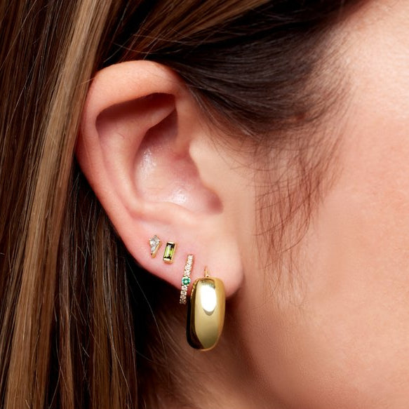 Green Tourmaline Channel-set Baguette Gold Stud Earring stack