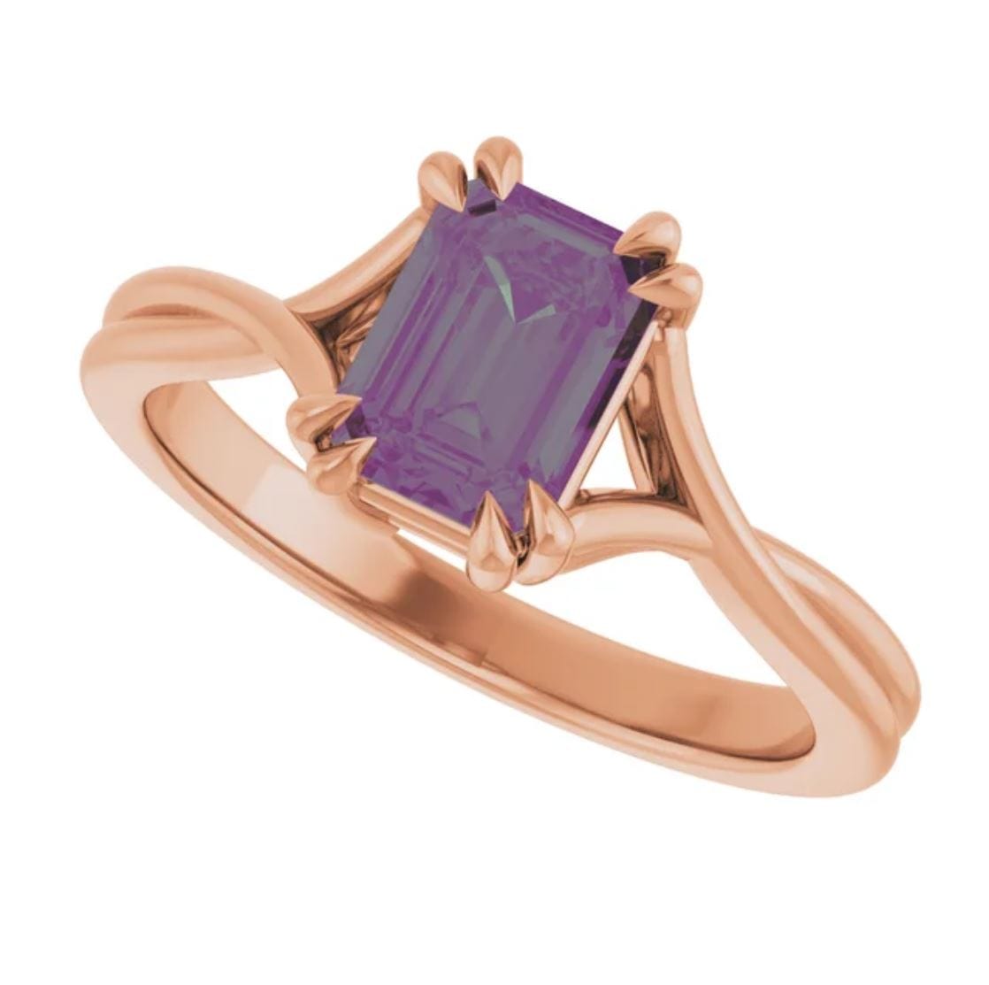 Emerald Cut Alexandrite Ivy Ring - Double Prong Set Split Shank Solitaire Engagement Ring 14k Rose Gold Ring by Nodeform