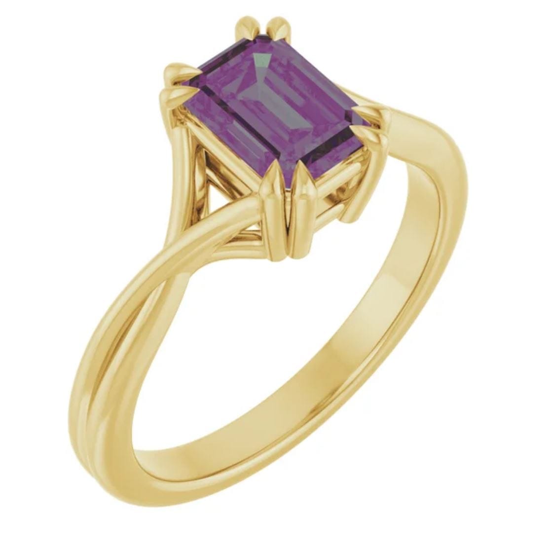 Emerald Cut Alexandrite Ivy Ring - Double Prong Set Split Shank Solitaire Engagement Ring 14k Yellow Gold Ring by Nodeform