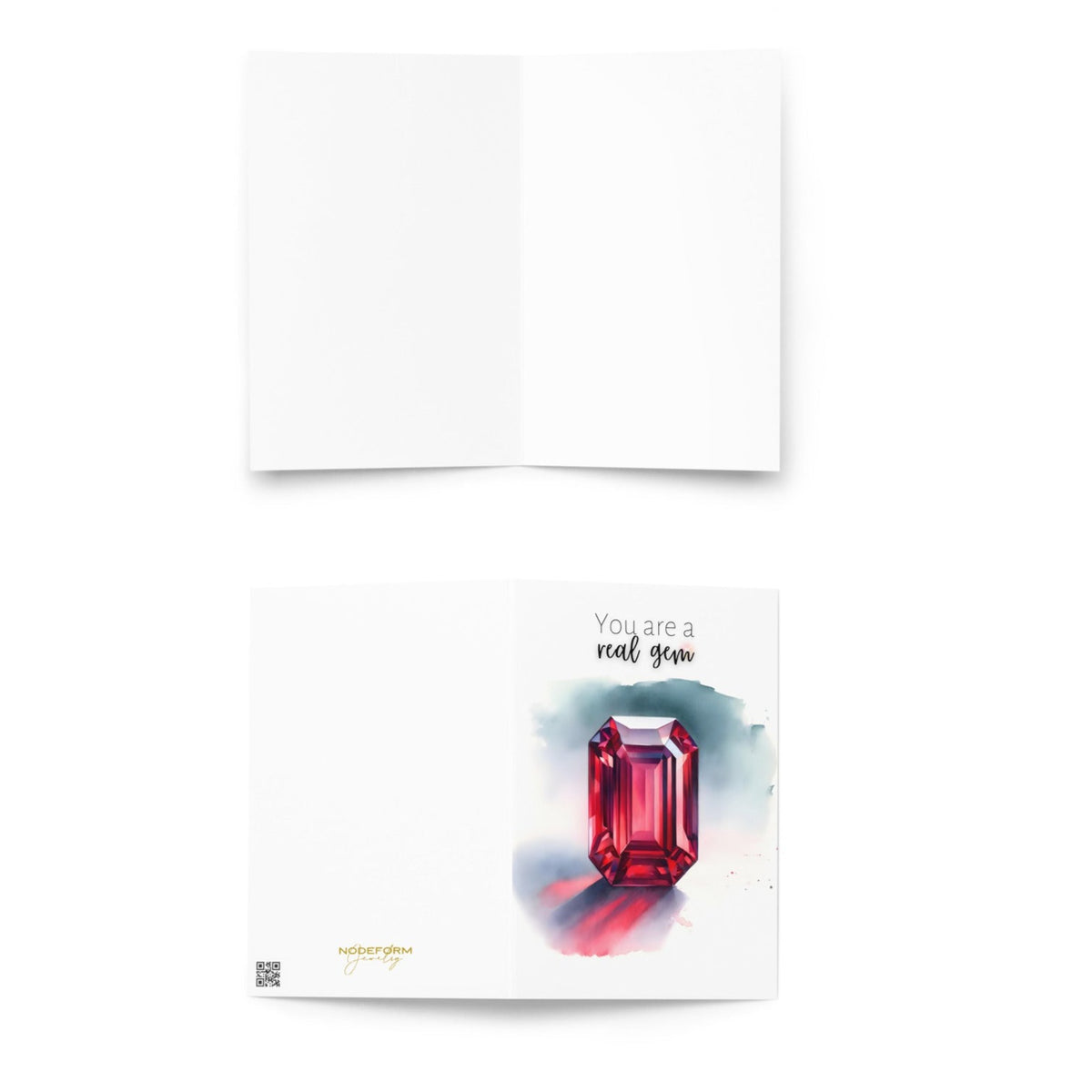 "You are a real gem" Watercolor Ruby Emerald Shape Folded Card by Nodeform