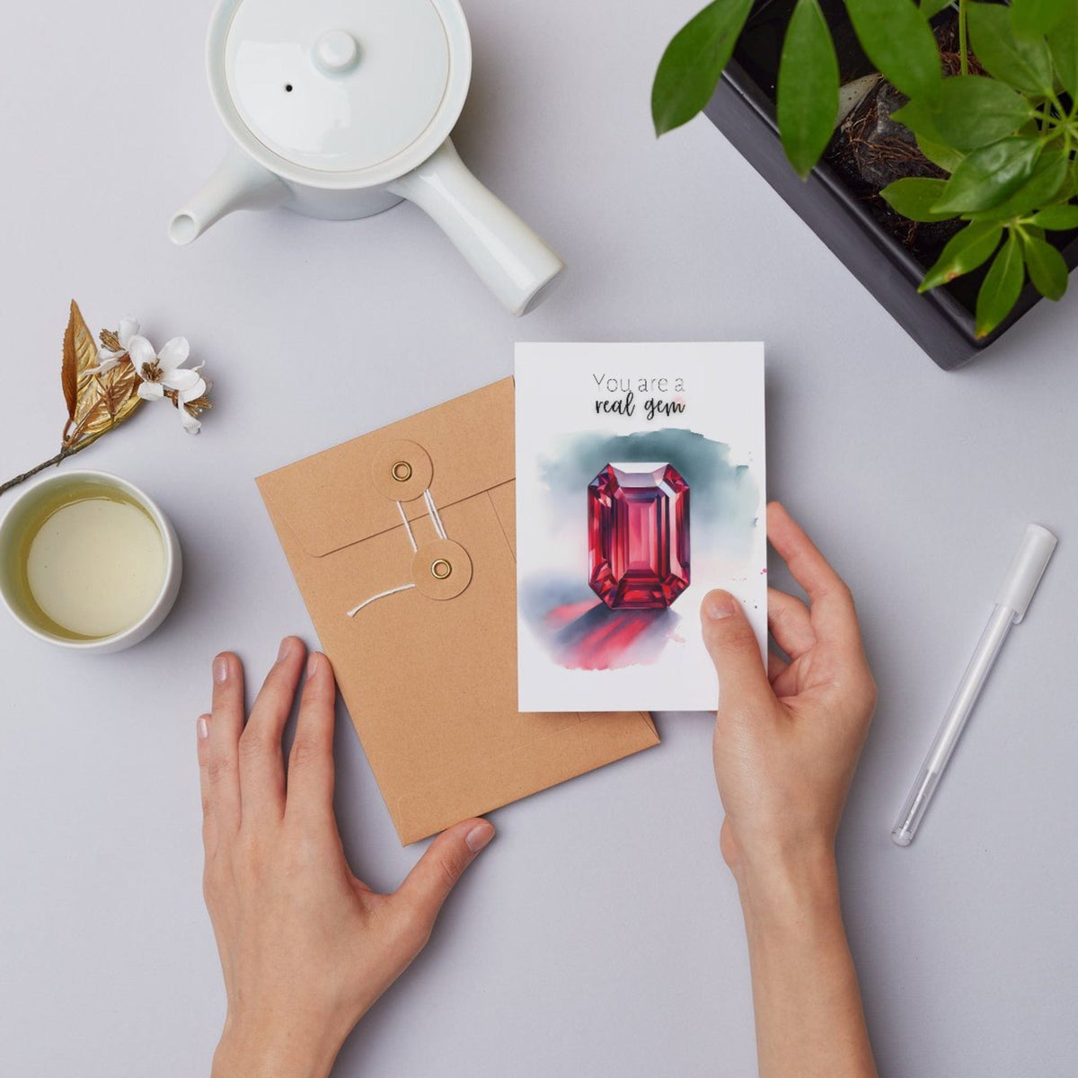 "You are a real gem" Watercolor Ruby Emerald Shape Folded Card Cards by Nodeform