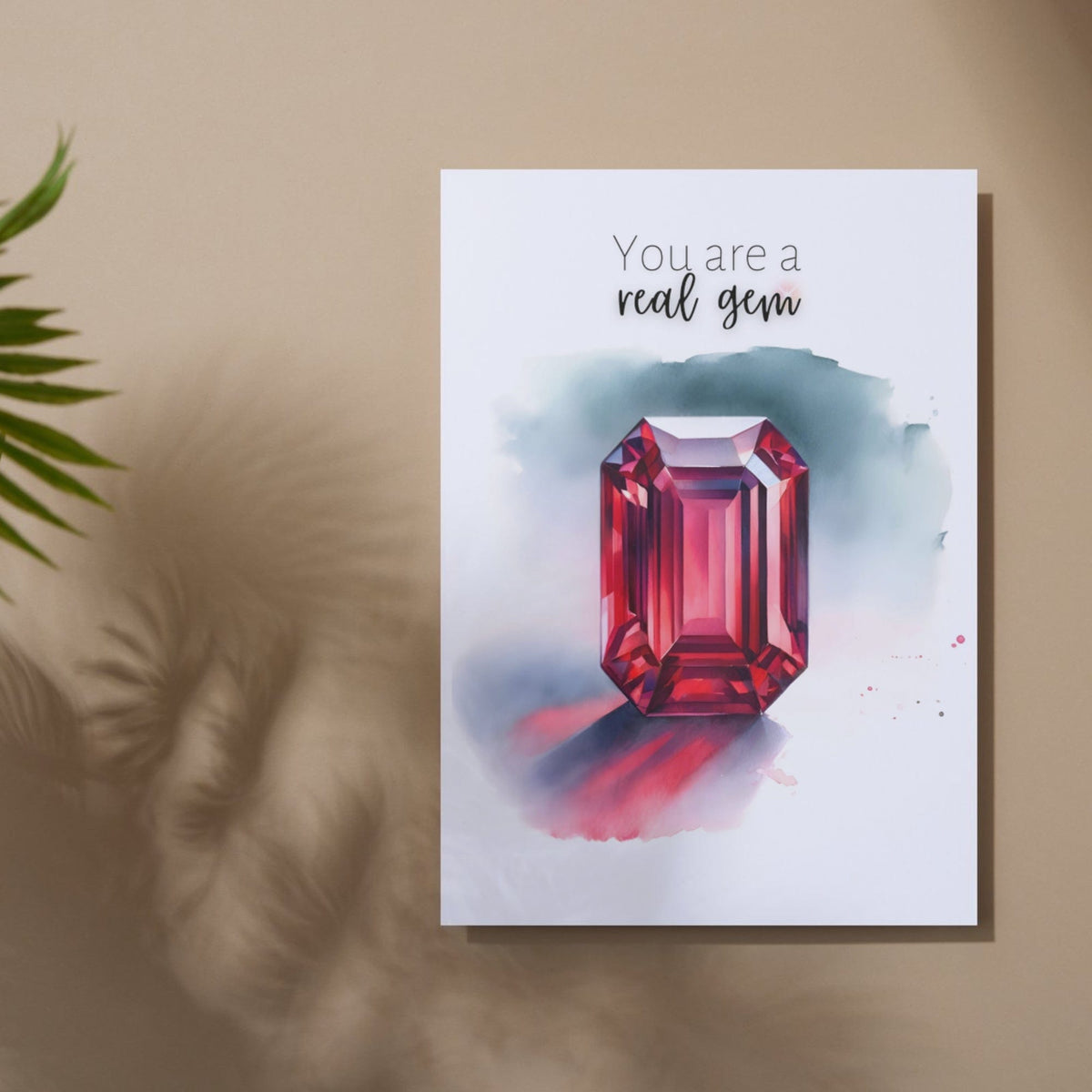 "You are a real gem" Watercolor Ruby Emerald Shape Folded Card by Nodeform