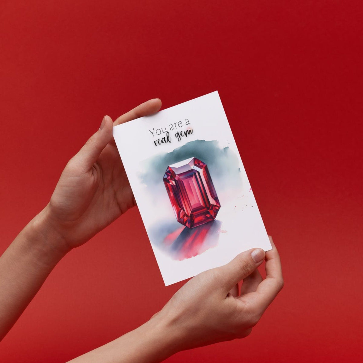 "You are a real gem" Watercolor Ruby Emerald Shape Folded Card by Nodeform