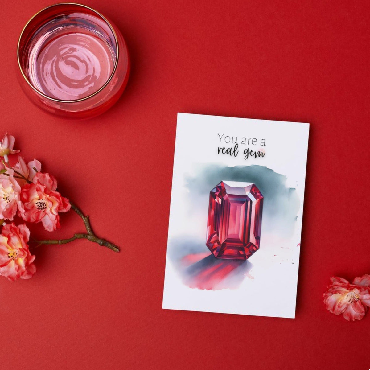 "You are a real gem" Watercolor Ruby Emerald Shape Folded Card by Nodeform