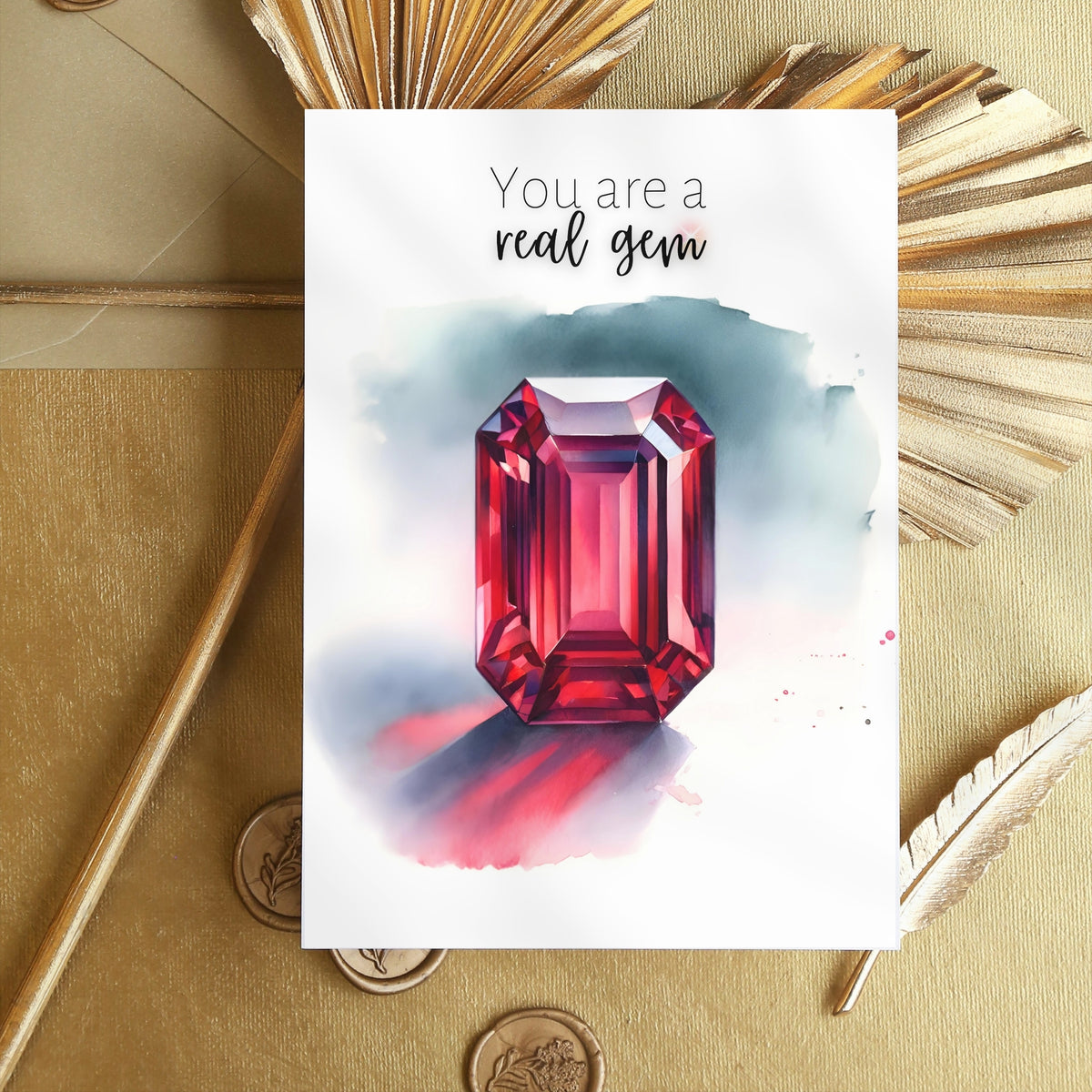You are a real Gem Watercolor Emerald Shape Ruby Birthstone Greeting Thank you Card