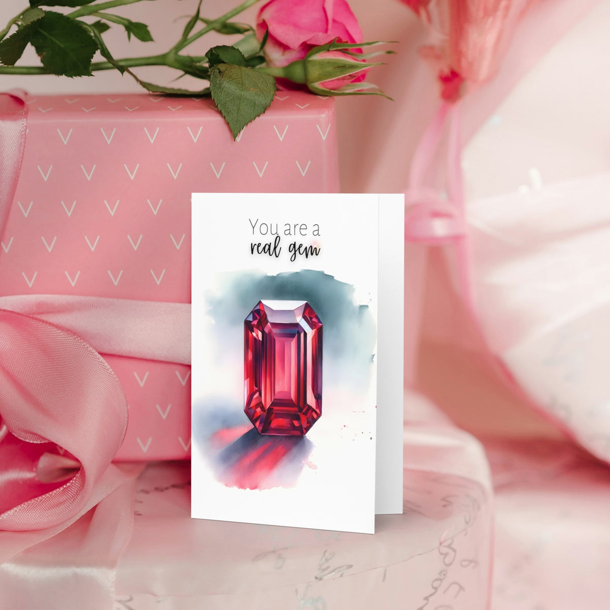 You are a real Gem Watercolor Emerald Shape Ruby Birthstone Greeting Thank you Card