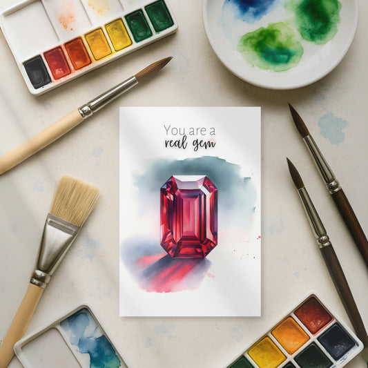 You are a real Gem Watercolor Emerald Shape Ruby Birthstone Greeting Thank you Card on artist table