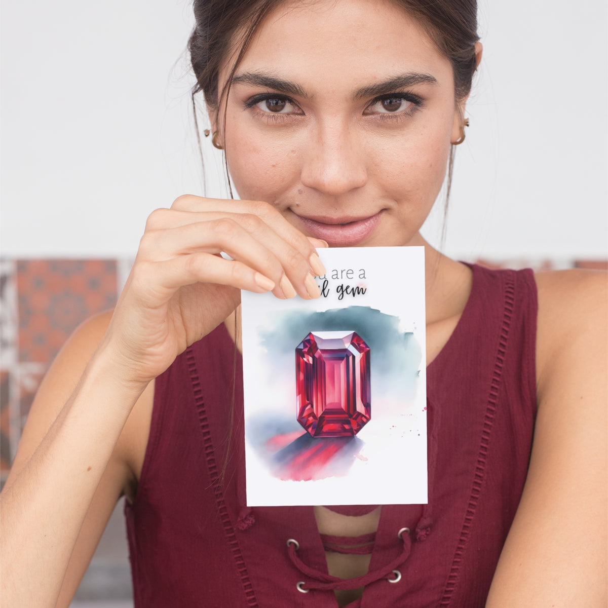 woman holding aYou are a real Gem Watercolor Emerald Shape Ruby Birthstone Greeting Thank you Card