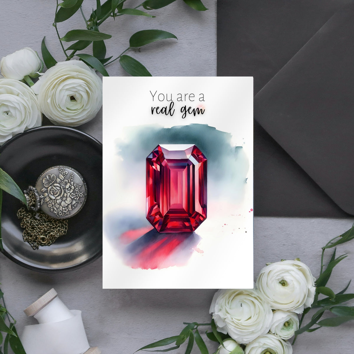 You are a real Gem Watercolor Emerald Shape Ruby Birthstone Greeting Thank you Card