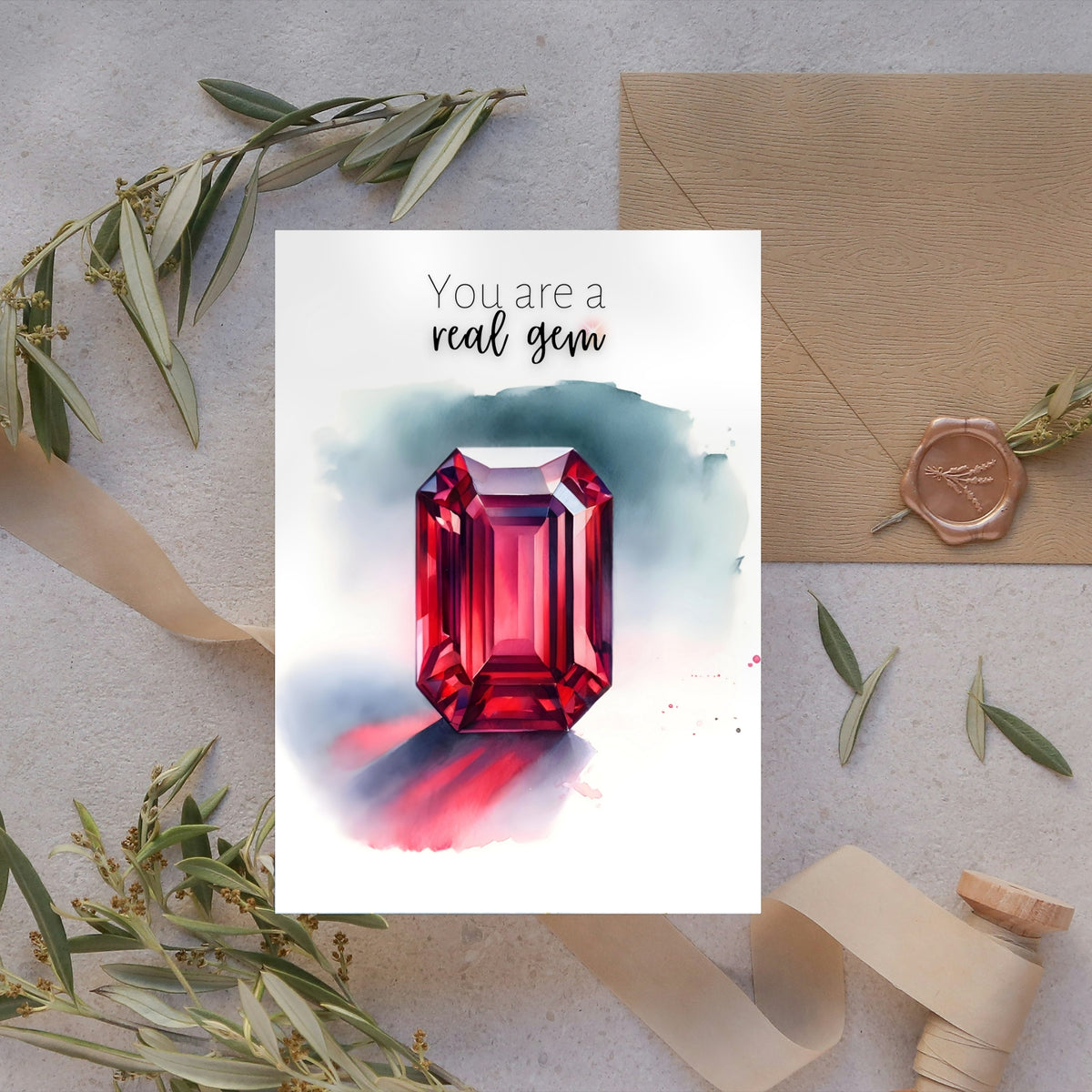 You are a real Gem Watercolor Emerald Shape Ruby Birthstone Greeting Thank you Card
