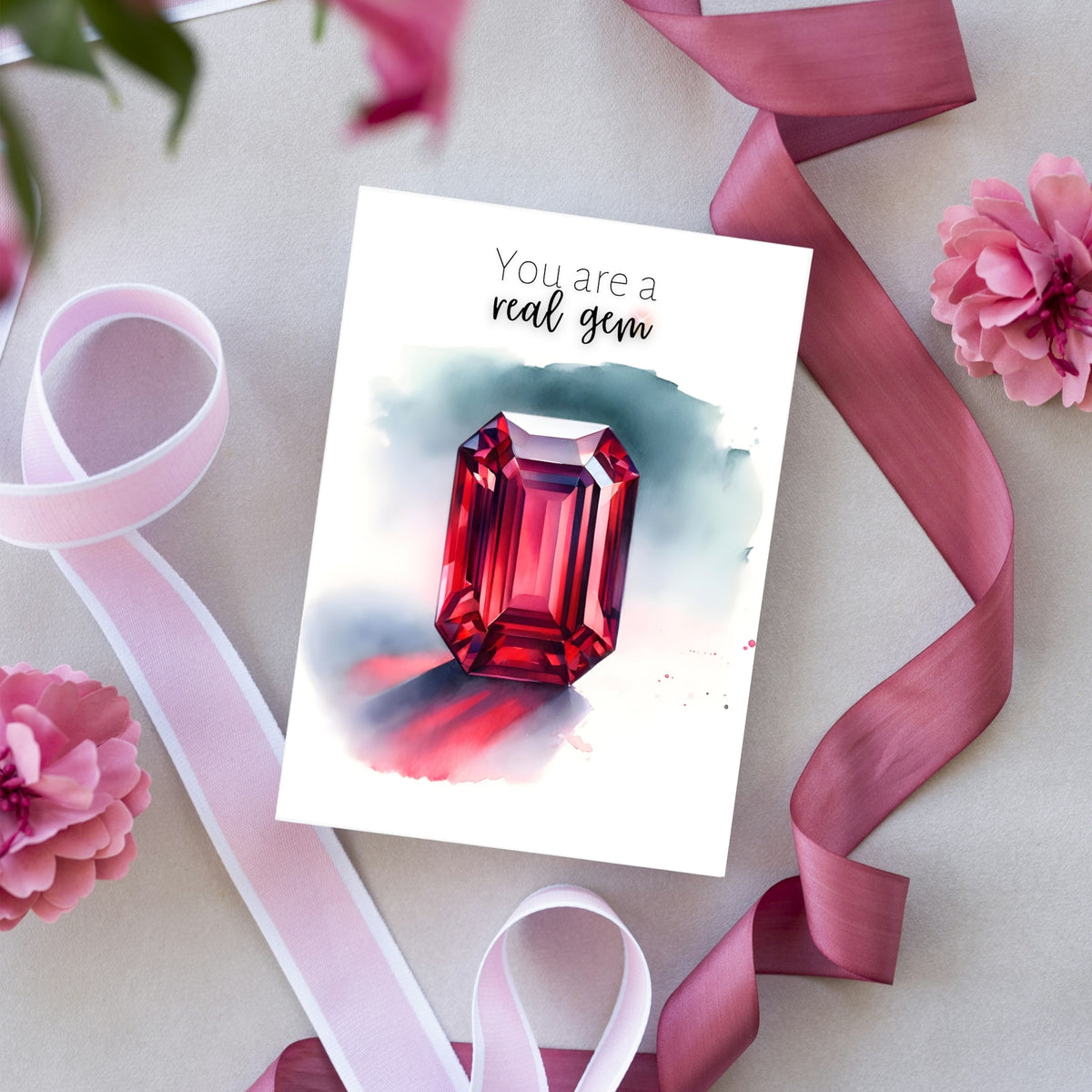 You are a real Gem Watercolor Emerald Shape Ruby Birthstone Greeting Thank you Card