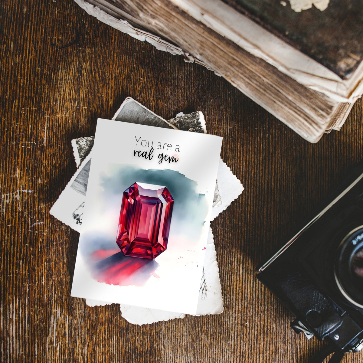 You are a real Gem Watercolor Emerald Shape Ruby Birthstone Greeting Thank you Card
