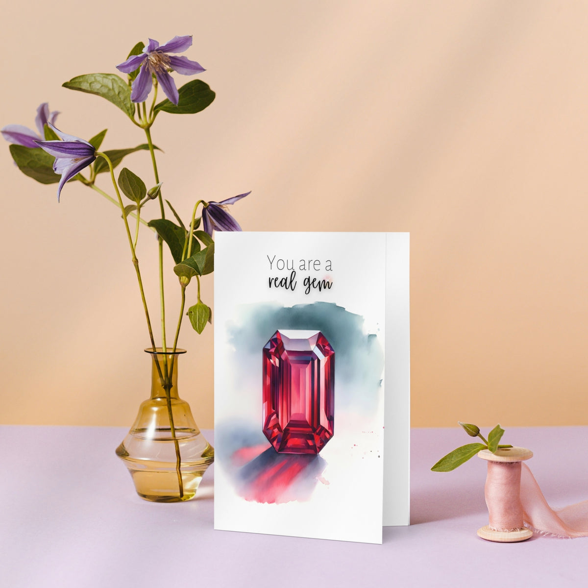 You are a real Gem Watercolor Emerald Shape Ruby Birthstone Greeting Thank you Card