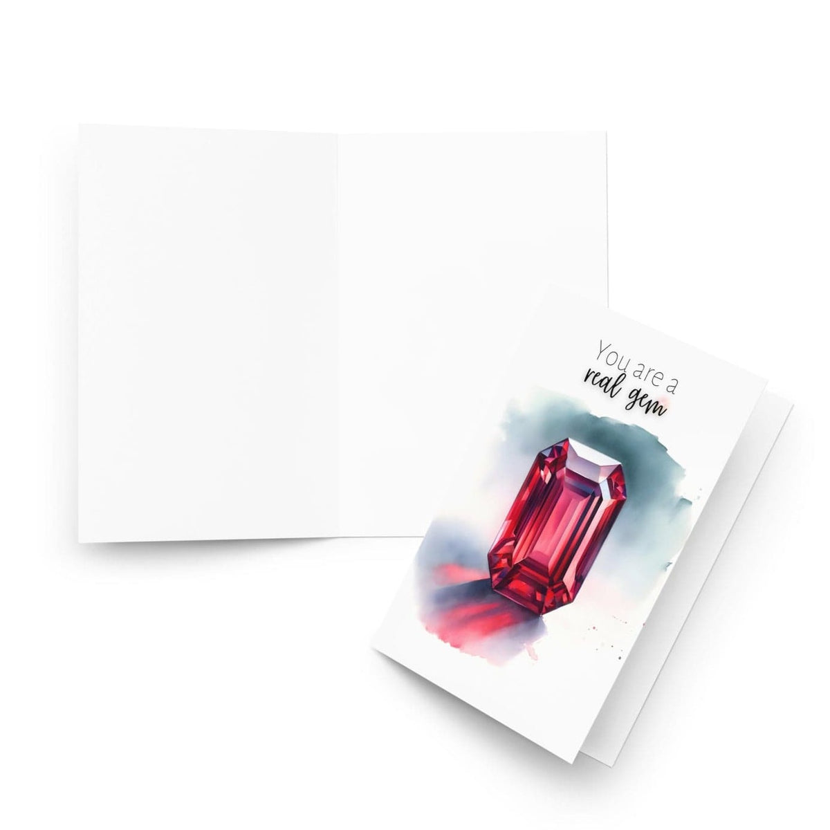 "You are a real gem" Watercolor Ruby Emerald Shape Folded Card by Nodeform