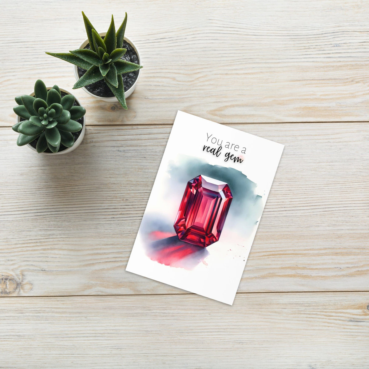 "You are a real gem" Watercolor Ruby Emerald Shape Folded Card by Nodeform