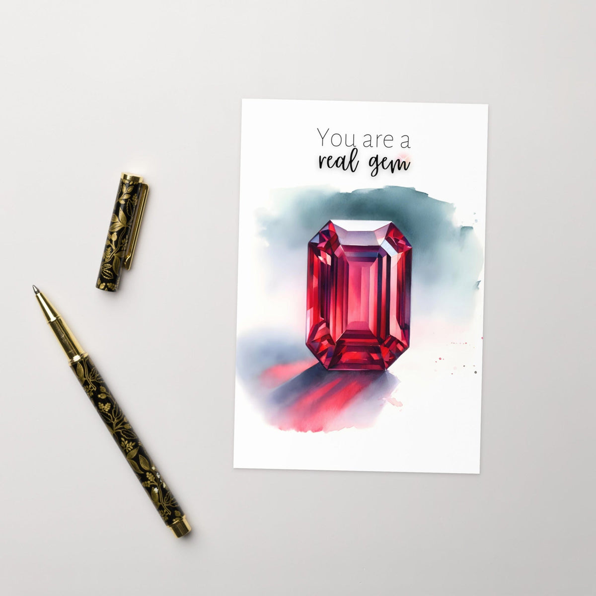 "You are a real gem" Watercolor Ruby Emerald Shape Folded Card by Nodeform