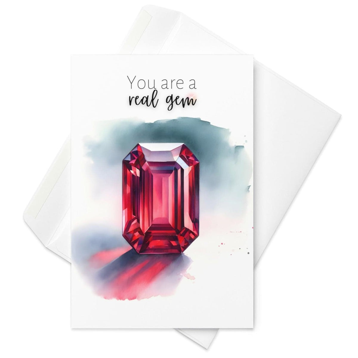 "You are a real gem" Watercolor Ruby Emerald Shape Folded Card by Nodeform