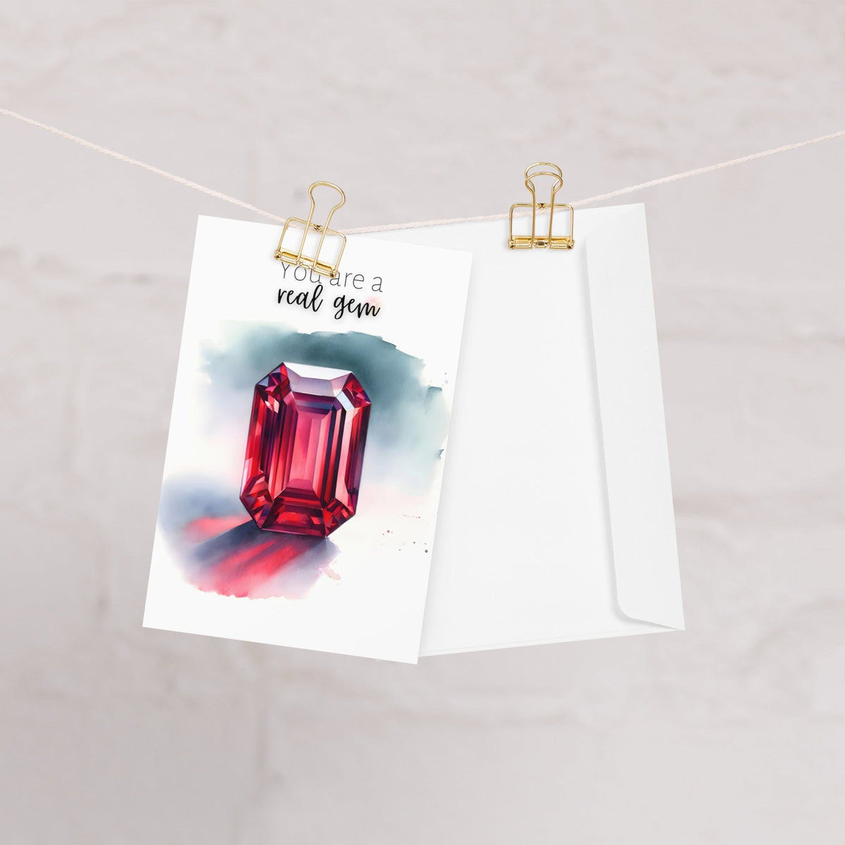 "You are a real gem" Watercolor Ruby Emerald Shape Folded Card by Nodeform
