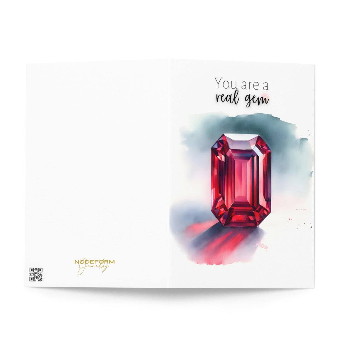 "You are a real gem" Watercolor Ruby Emerald Shape Folded Card by Nodeform