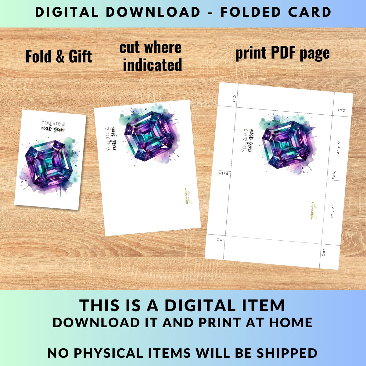 digital You are a real Gem | Watercolor Asscher cut Alexandrite Anniversary or Birthday Thank You Greeting Card
