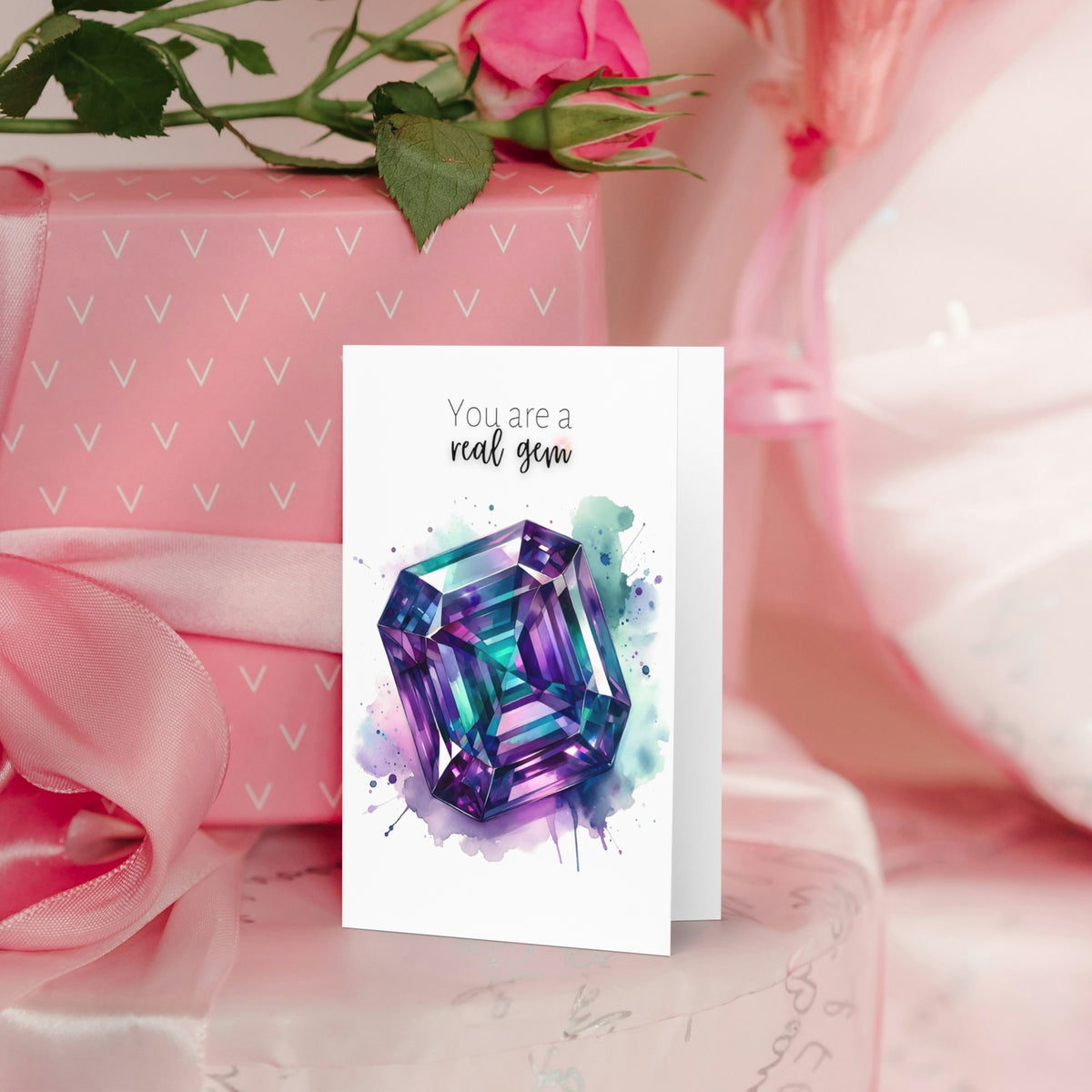 You are a real Gem | Watercolor Asscher cut Alexandrite Anniversary or Birthday Thank You Greeting Card