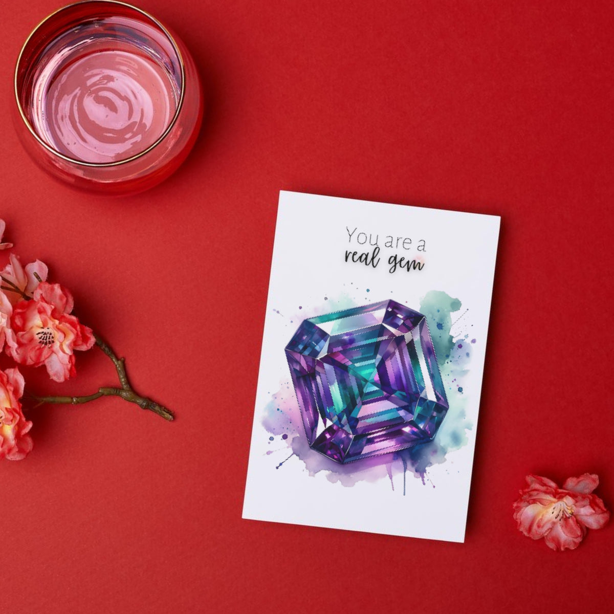 You are a real Gem | Watercolor Asscher cut Alexandrite Anniversary or Birthday Thank You Greeting Card