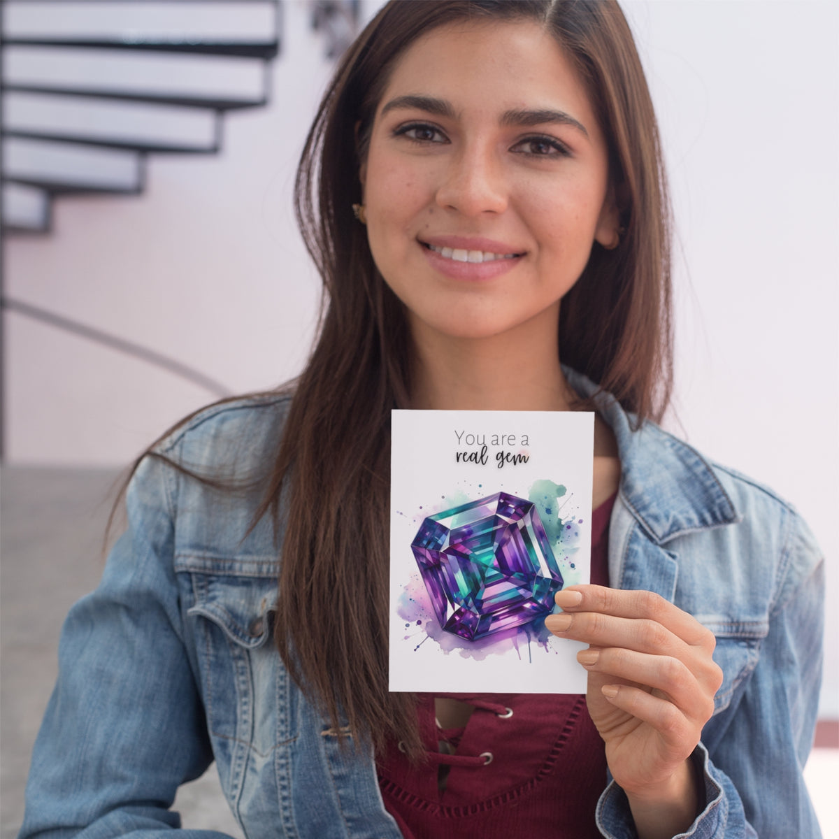 woman holding a You are a real Gem | Watercolor Asscher cut Alexandrite Anniversary or Birthday Thank You Greeting Card