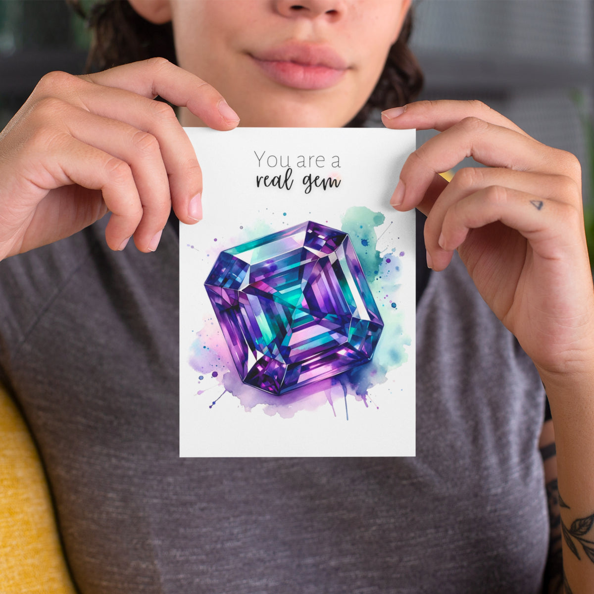 You are a real Gem | Watercolor Asscher cut Alexandrite Anniversary or Birthday Thank You Greeting Card